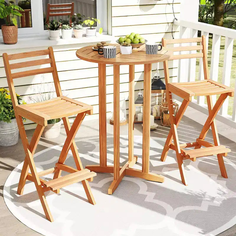sumyeg Chaise haute de bar pliable en bois d'acacia pour extérieur, tabouret de patio avec dossier et repose-pieds, finition naturelle, pour jardin et porche