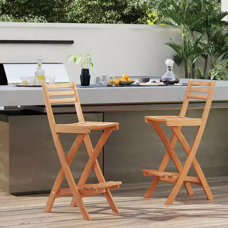 sumyeg Chaise haute de bar pliable en bois d'acacia pour extérieur, tabouret de patio avec dossier et repose-pieds, finition naturelle, pour jardin et porche