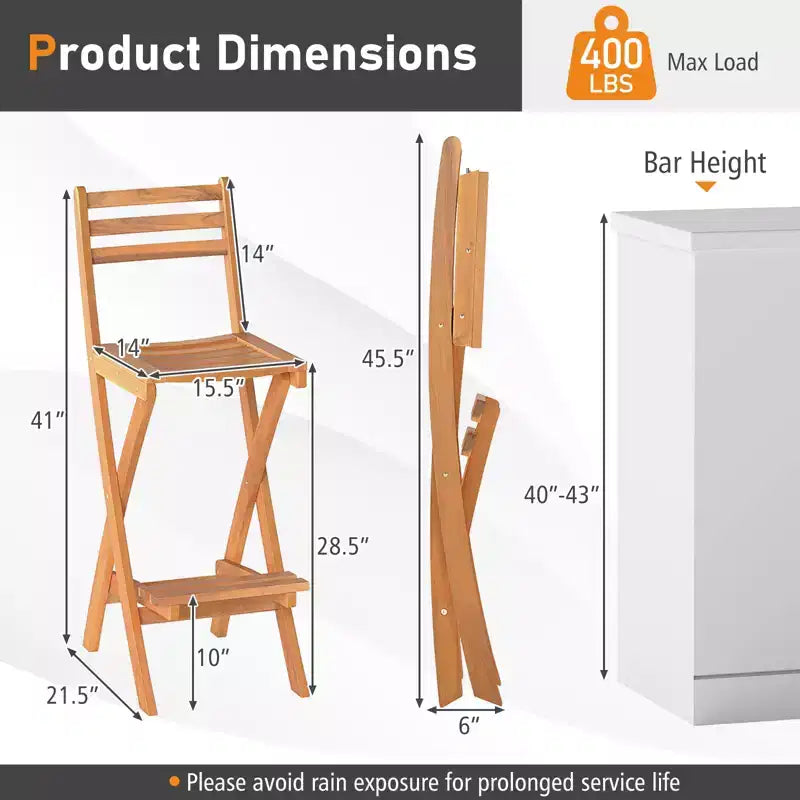 sumyeg Chaise haute de bar pliable en bois d'acacia pour extérieur, tabouret de patio avec dossier et repose-pieds, finition naturelle, pour jardin et porche