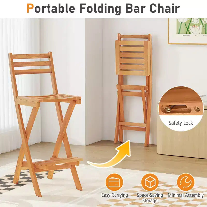 sumyeg Chaise haute de bar pliable en bois d'acacia pour extérieur, tabouret de patio avec dossier et repose-pieds, finition naturelle, pour jardin et porche