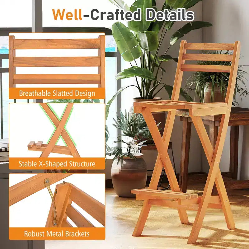 sumyeg Chaise haute de bar pliable en bois d'acacia pour extérieur, tabouret de patio avec dossier et repose-pieds, finition naturelle, pour jardin et porche