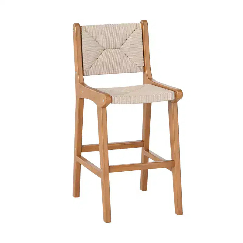 sumyeg Outdoor Counter Height Bar Stool, Teak Wood Frame with Woven Rope Seat, Patio Chair with Backrest and Footrest, Natural
