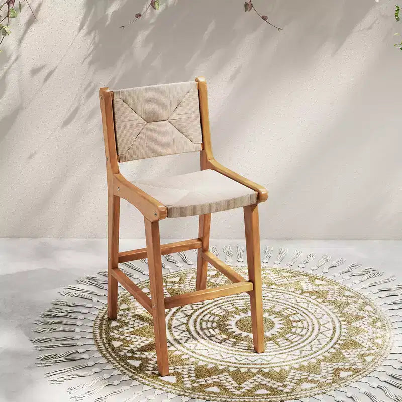 Tabouret de bar d'extérieur hauteur comptoir sumyeg, cadre en bois de teck avec assise en corde tressée, chaise de patio avec dossier et repose-pieds, naturel