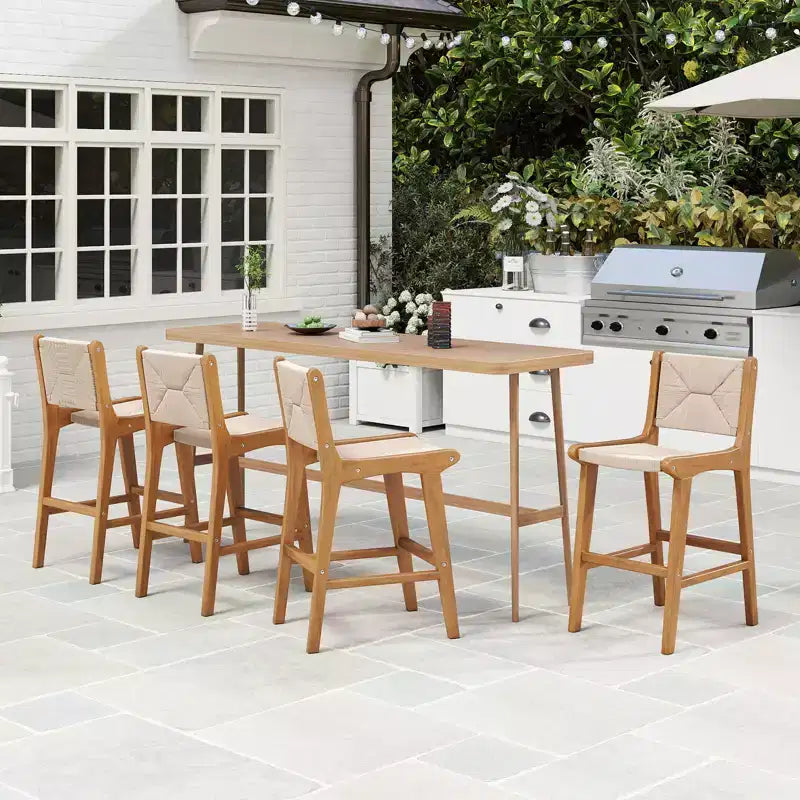 Tabouret de bar d'extérieur hauteur comptoir sumyeg, cadre en bois de teck avec assise en corde tressée, chaise de patio avec dossier et repose-pieds, naturel