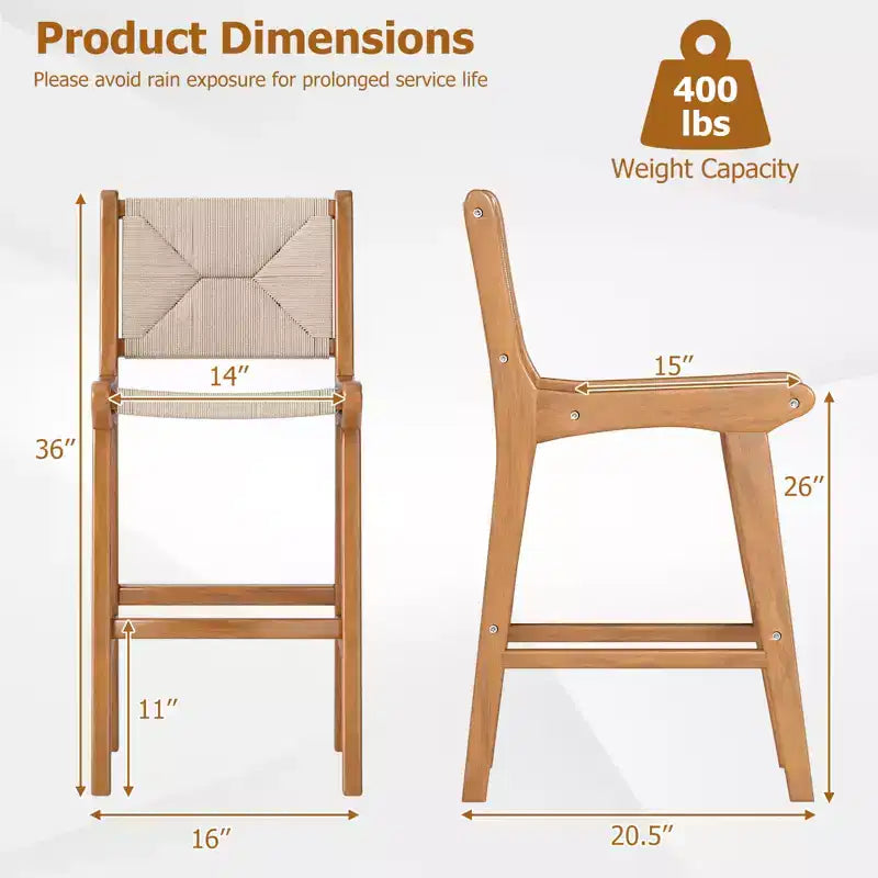 Tabouret de bar d'extérieur hauteur comptoir sumyeg, cadre en bois de teck avec assise en corde tressée, chaise de patio avec dossier et repose-pieds, naturel