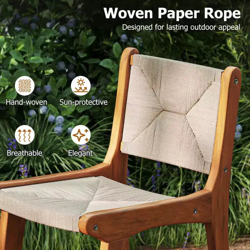 Tabouret de bar d'extérieur hauteur comptoir sumyeg, cadre en bois de teck avec assise en corde tressée, chaise de patio avec dossier et repose-pieds, naturel