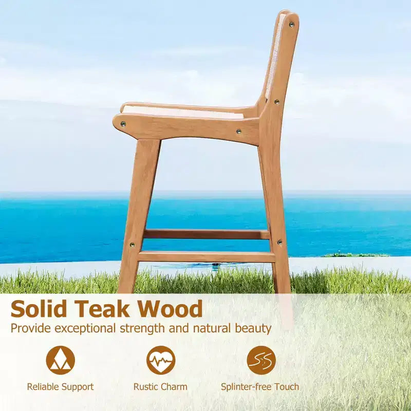 Tabouret de bar d'extérieur hauteur comptoir sumyeg, cadre en bois de teck avec assise en corde tressée, chaise de patio avec dossier et repose-pieds, naturel