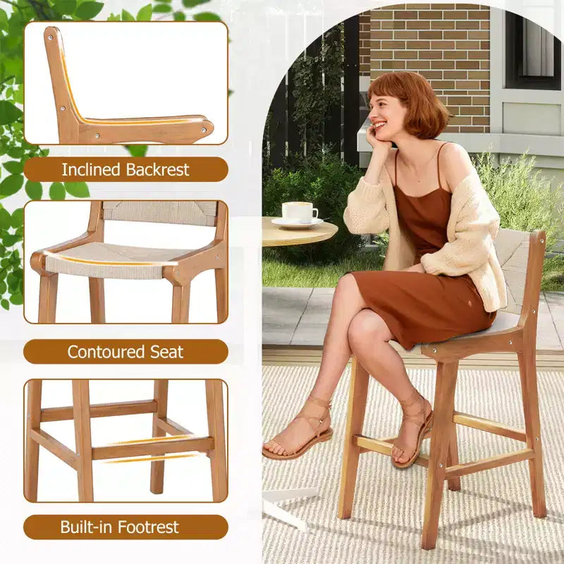 Tabouret de bar d'extérieur hauteur comptoir sumyeg, cadre en bois de teck avec assise en corde tressée, chaise de patio avec dossier et repose-pieds, naturel
