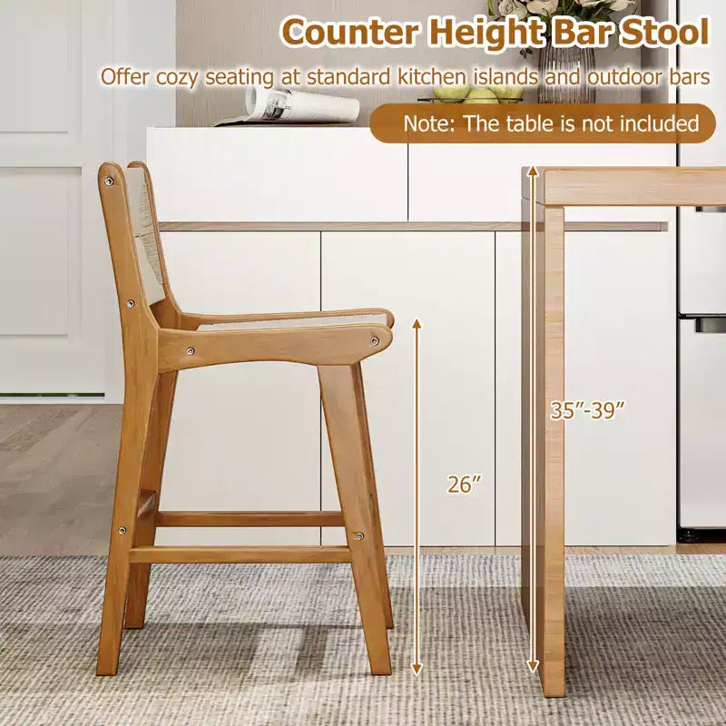 Tabouret de bar d'extérieur hauteur comptoir sumyeg, cadre en bois de teck avec assise en corde tressée, chaise de patio avec dossier et repose-pieds, naturel