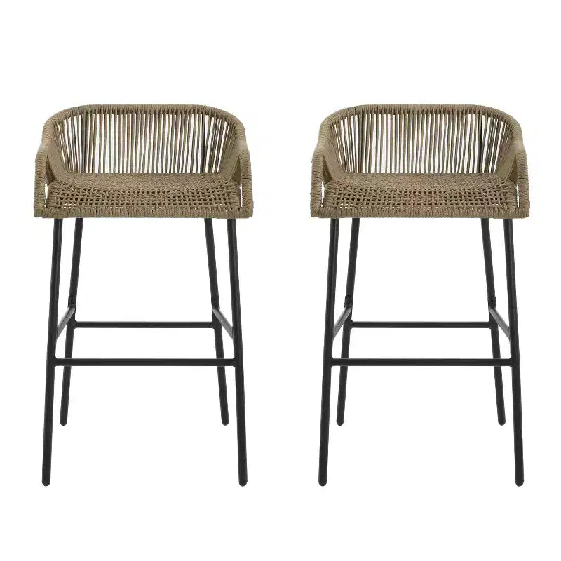 sumyeg Outdoor Rope Bar Stools Set of 2, Brown Woven Patio Chairs with Black Metal Frame, Weather-Resistant, for Patio, Balcony, Backyard