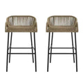 sumyeg Outdoor Rope Bar Stools Set of 2, Brown Woven Patio Chairs with Black Metal Frame, Weather-Resistant, for Patio, Balcony, Backyard