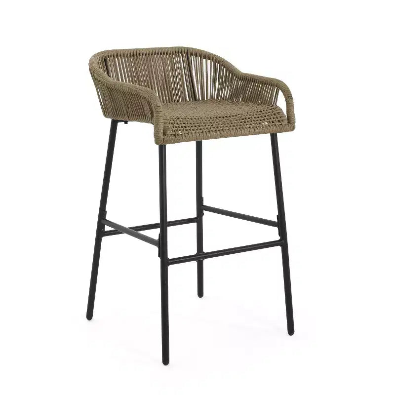sumyeg Tabourets de bar d'extérieur en corde, lot de 2, chaises de patio tressées marron avec cadre en métal noir, résistantes aux intempéries, pour patio, balcon, jardin