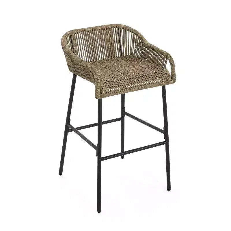sumyeg Tabourets de bar d'extérieur en corde, lot de 2, chaises de patio tressées marron avec cadre en métal noir, résistantes aux intempéries, pour patio, balcon, jardin