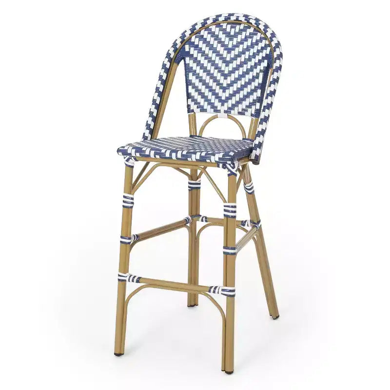 sumyeg 29.5 Outdoor French Bistro Bar Stools Set of 2, PE Rattan Wicker with Aluminum Frame, Bamboo Look Finish, Navy Blue & White