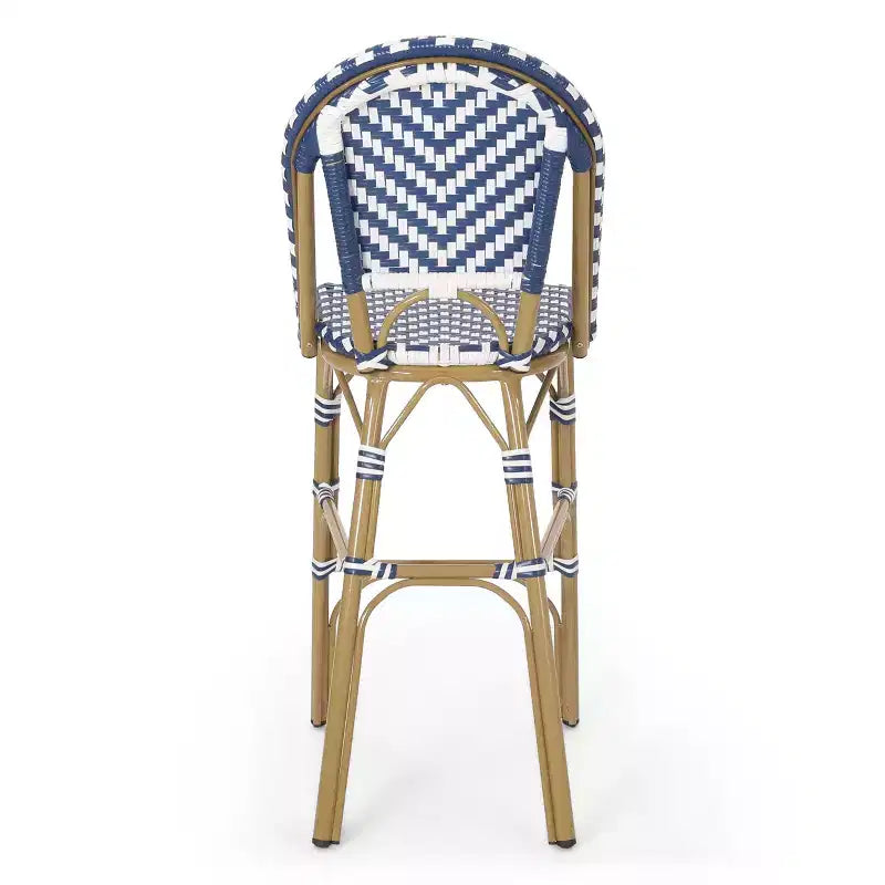 sumyeg Lot de 2 tabourets de bar de bistrot français d'extérieur 75 cm, en rotin PE avec cadre en aluminium, finition aspect bambou, bleu marine et blanc