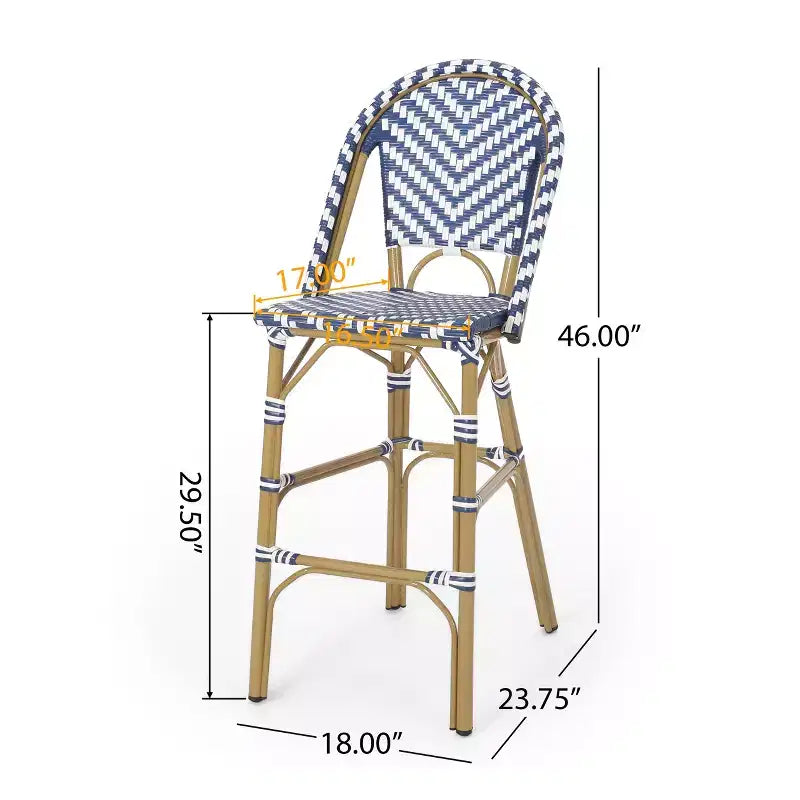 sumyeg Lot de 2 tabourets de bar de bistrot français d'extérieur 75 cm, en rotin PE avec cadre en aluminium, finition aspect bambou, bleu marine et blanc