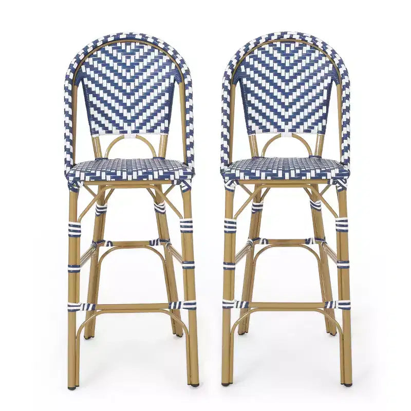 sumyeg Lot de 2 tabourets de bar de bistrot français d'extérieur 75 cm, en rotin PE avec cadre en aluminium, finition aspect bambou, bleu marine et blanc