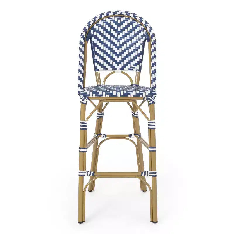 sumyeg Lot de 2 tabourets de bar de bistrot français d'extérieur 75 cm, en rotin PE avec cadre en aluminium, finition aspect bambou, bleu marine et blanc