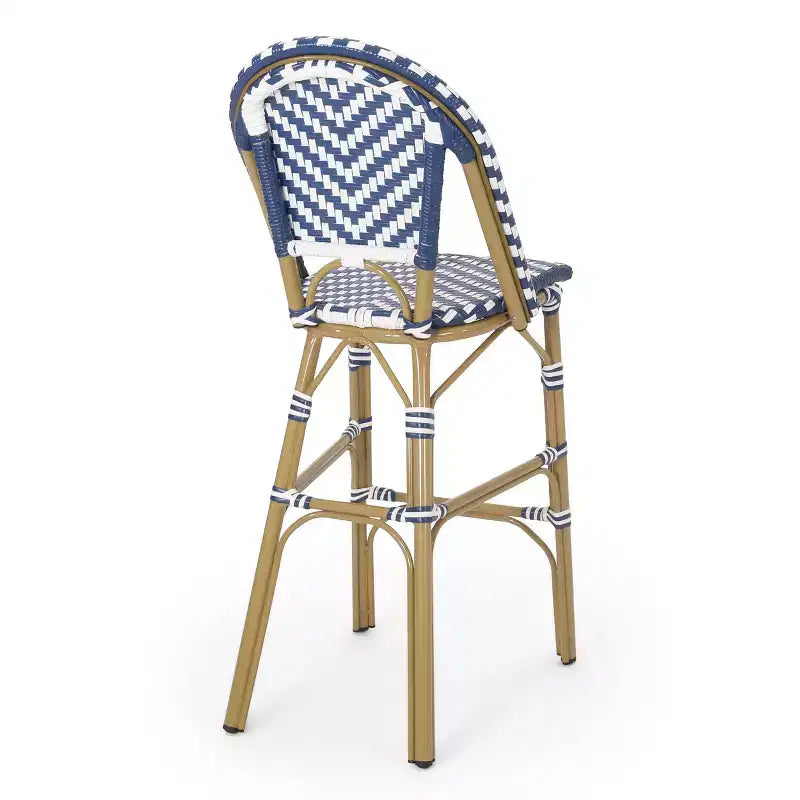 sumyeg Lot de 2 tabourets de bar de bistrot français d'extérieur 75 cm, en rotin PE avec cadre en aluminium, finition aspect bambou, bleu marine et blanc