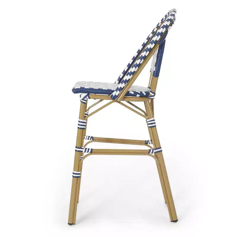 sumyeg Lot de 2 tabourets de bar de bistrot français d'extérieur 75 cm, en rotin PE avec cadre en aluminium, finition aspect bambou, bleu marine et blanc