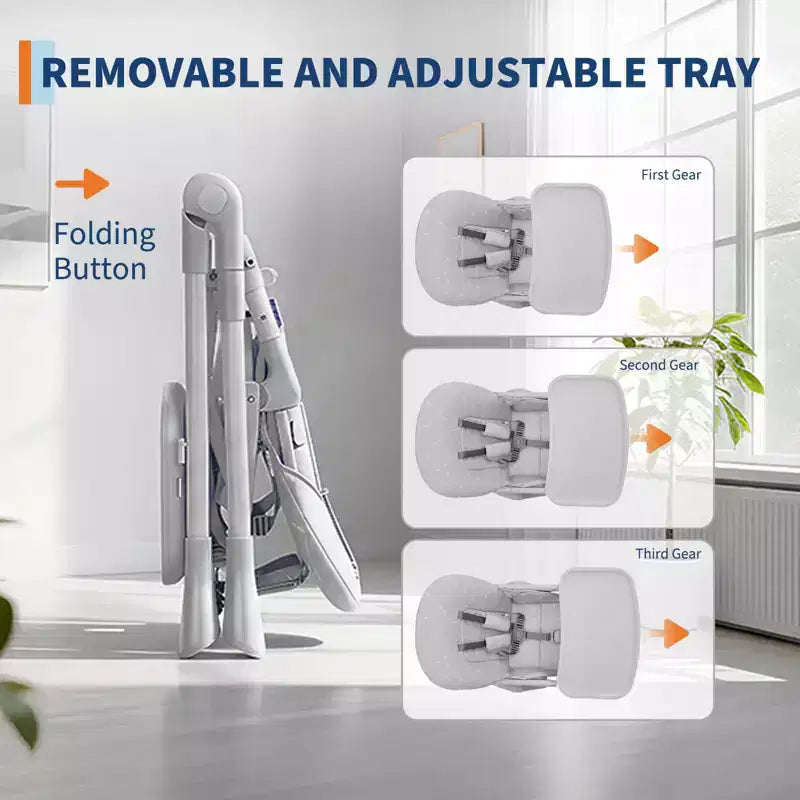 Chaise Haute Bébé Réglable 42,5 pour Tout-Petits, Hauteur et Dossier Multi-Niveaux, Plateau Amovible et Pliage Rapide pour un Rangement Compact