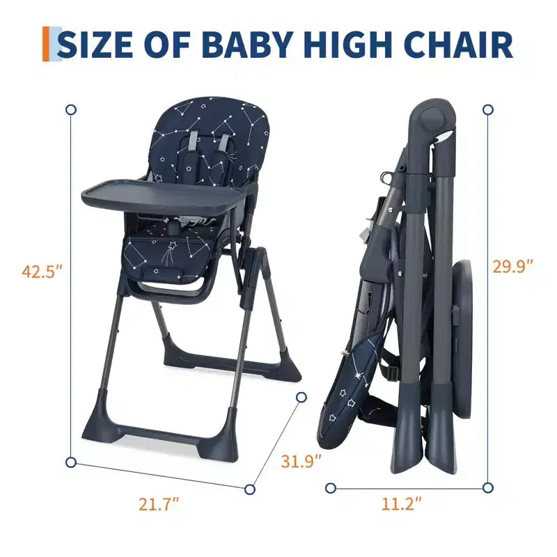 Chaise Haute Bébé Réglable 42,5 pour Tout-Petits, Hauteur et Dossier Multi-Niveaux, Plateau Amovible et Pliage Rapide pour un Rangement Compact