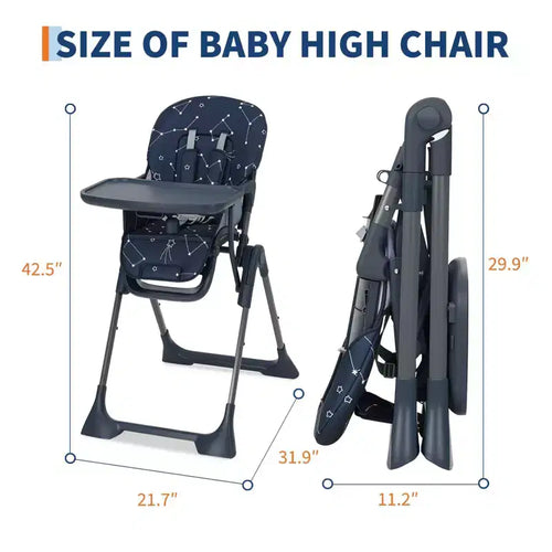 Chaise Haute Bébé Réglable 42,5 pour Tout-Petits, Hauteur et Dossier Multi-Niveaux, Plateau Amovible et Pliage Rapide pour un Rangement Compact