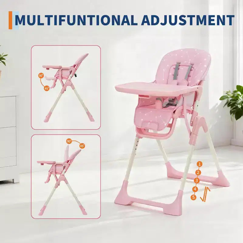 Chaise Haute Bébé Réglable 42,5 pour Tout-Petits, Hauteur et Dossier Multi-Niveaux, Plateau Amovible et Pliage Rapide pour un Rangement Compact