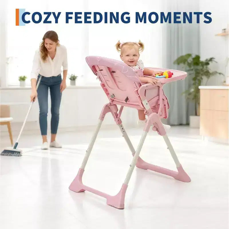 Chaise Haute Bébé Réglable 42,5 pour Tout-Petits, Hauteur et Dossier Multi-Niveaux, Plateau Amovible et Pliage Rapide pour un Rangement Compact