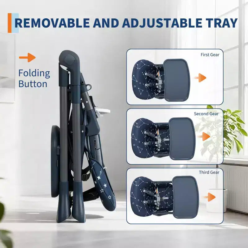 Chaise Haute Bébé Réglable 42,5 pour Tout-Petits, Hauteur et Dossier Multi-Niveaux, Plateau Amovible et Pliage Rapide pour un Rangement Compact