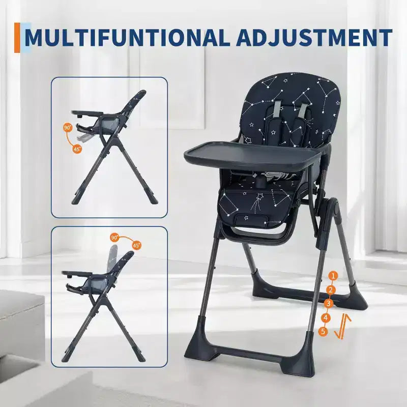 Chaise Haute Bébé Réglable 42,5 pour Tout-Petits, Hauteur et Dossier Multi-Niveaux, Plateau Amovible et Pliage Rapide pour un Rangement Compact