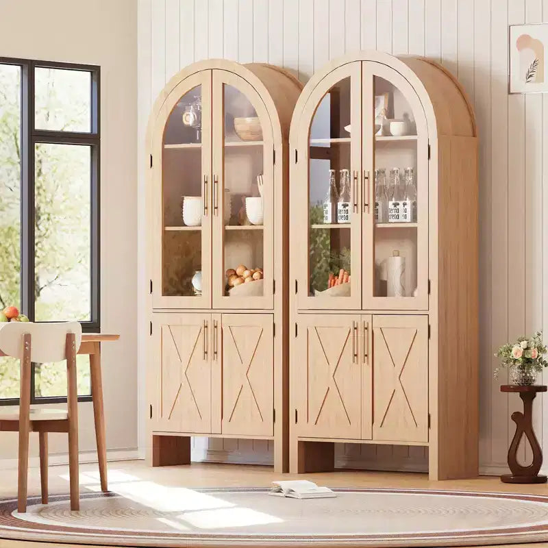 Vitrine Arched de 152 cm avec Portes Vitrées et Étagères Réglables, Meuble de Rangement Moderne en Bois pour Cuisine, Salle de Bain, Entrée et Salle à Manger