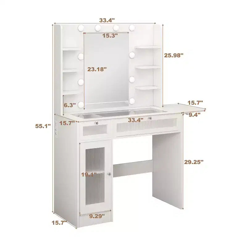 Coiffeuse avec miroir, lumières LED et prise de courant – 2 tiroirs, 6 étagères, plateau en verre