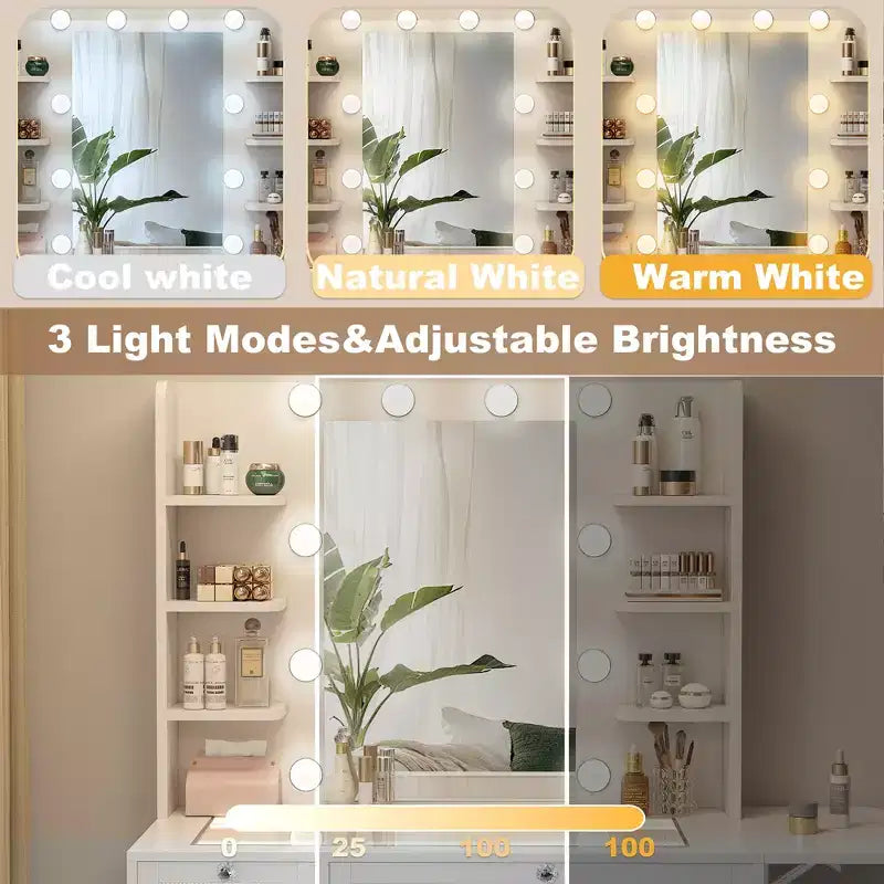 Coiffeuse avec miroir, lumières LED et prise de courant – 2 tiroirs, 6 étagères, plateau en verre