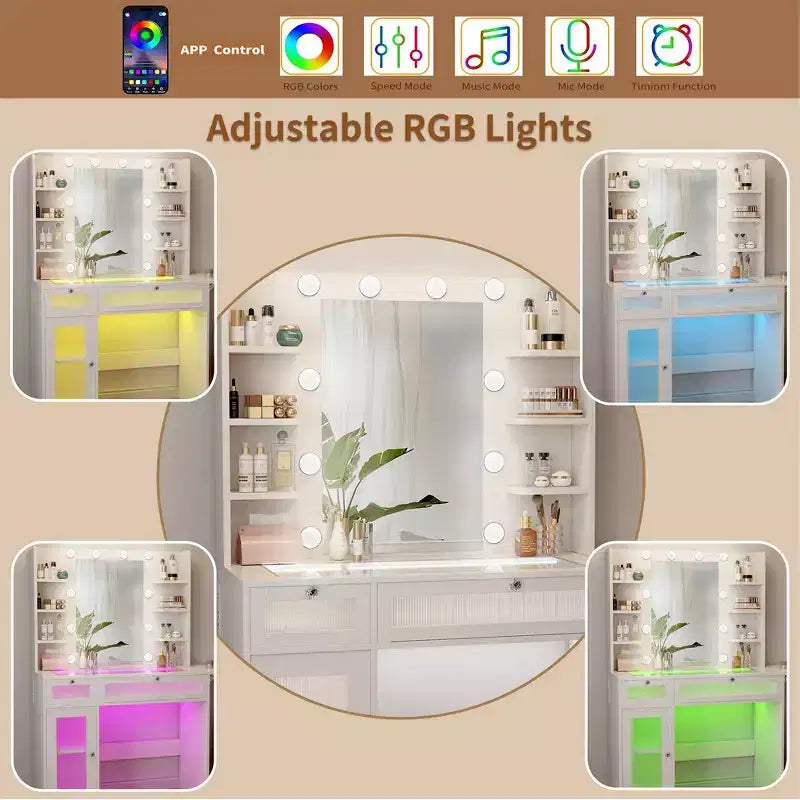 Coiffeuse avec miroir, lumières LED et prise de courant – 2 tiroirs, 6 étagères, plateau en verre
