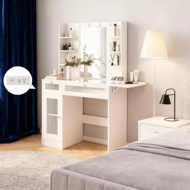 Coiffeuse avec miroir, lumières LED et prise de courant – 2 tiroirs, 6 étagères, plateau en verre