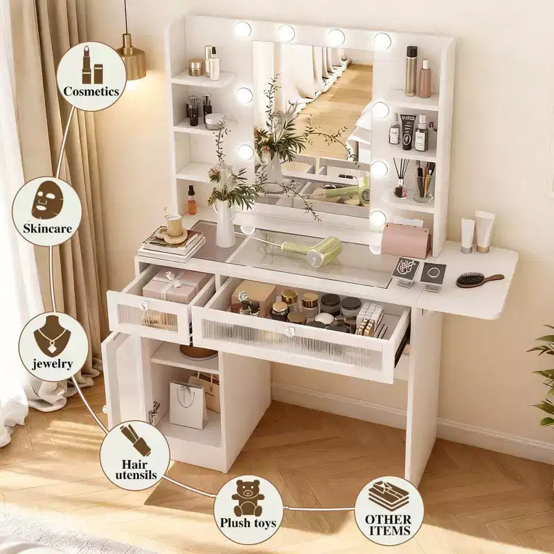 Coiffeuse avec miroir, lumières LED et prise de courant – 2 tiroirs, 6 étagères, plateau en verre