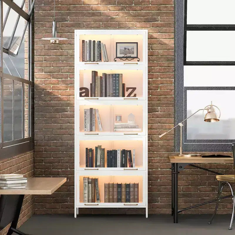 Vitrine de 193 cm de hauteur – Bibliothèque métallique à 5 niveaux, portes vitrées et éclairage LED intégré