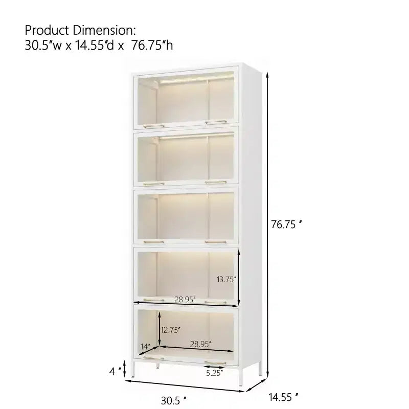Vitrine de 193 cm de hauteur – Bibliothèque métallique à 5 niveaux, portes vitrées et éclairage LED intégré