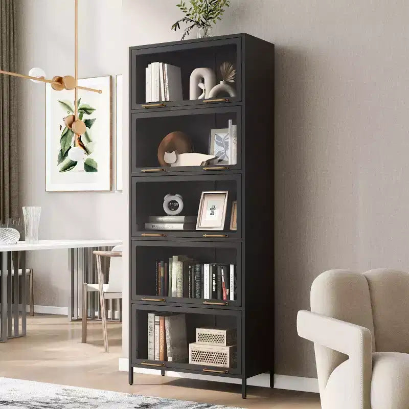 Vitrine de 193 cm de hauteur – Bibliothèque métallique à 5 niveaux, portes vitrées et éclairage LED intégré