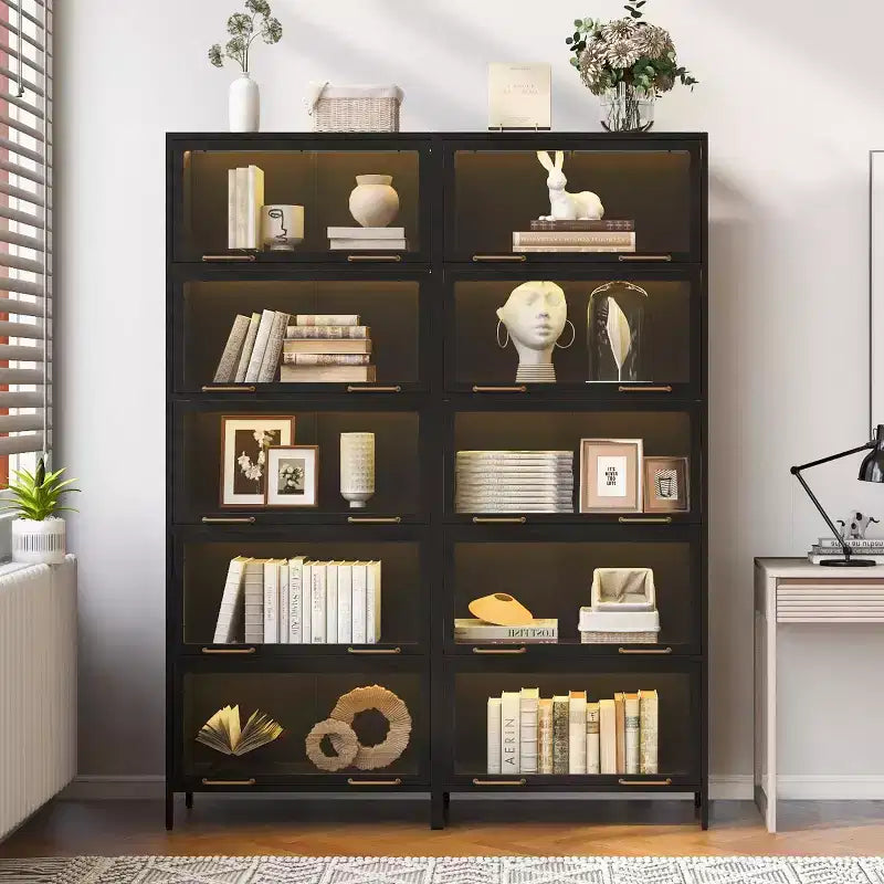 Vitrine de 193 cm de hauteur – Bibliothèque métallique à 5 niveaux, portes vitrées et éclairage LED intégré