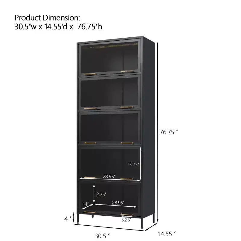 Vitrine de 193 cm de hauteur – Bibliothèque métallique à 5 niveaux, portes vitrées et éclairage LED intégré