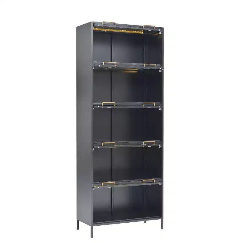 Vitrine de 193 cm de hauteur – Bibliothèque métallique à 5 niveaux, portes vitrées et éclairage LED intégré