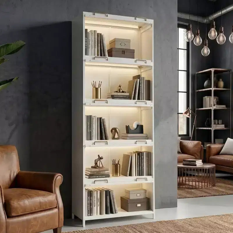 Vitrine de 193 cm de hauteur – Bibliothèque métallique à 5 niveaux, portes vitrées et éclairage LED intégré