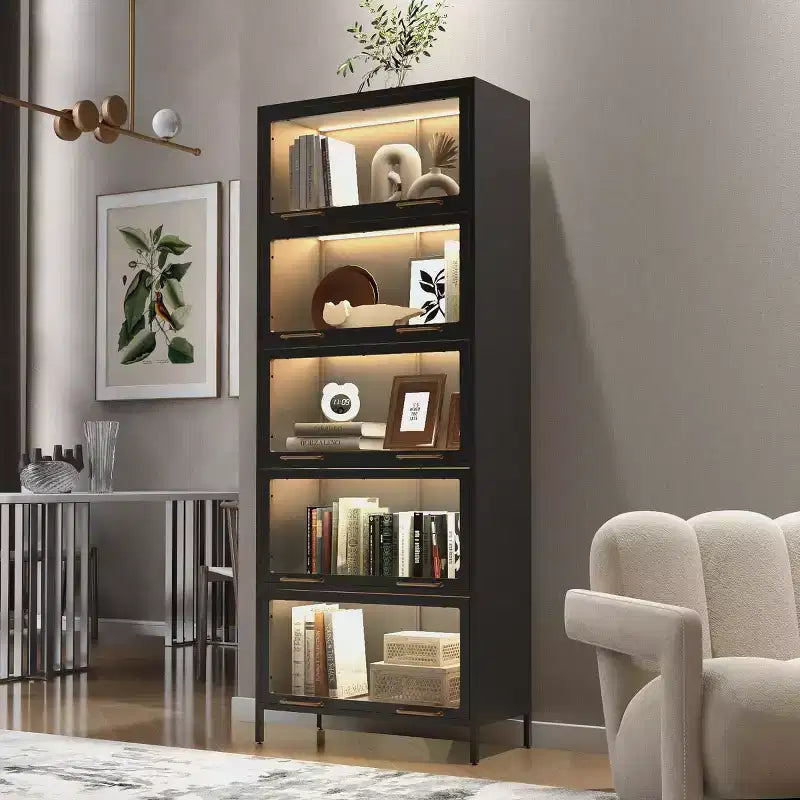 76 Display Cabinet with Glass Doors, 5-Tier Metal Bookcase for Collectibles, Modern Curio Cabinet for Living Room or Office-Panipeachy