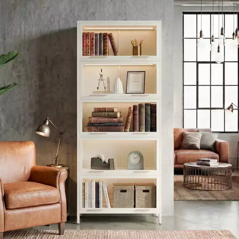 Vitrine de 193 cm de hauteur – Bibliothèque métallique à 5 niveaux, portes vitrées et éclairage LED intégré