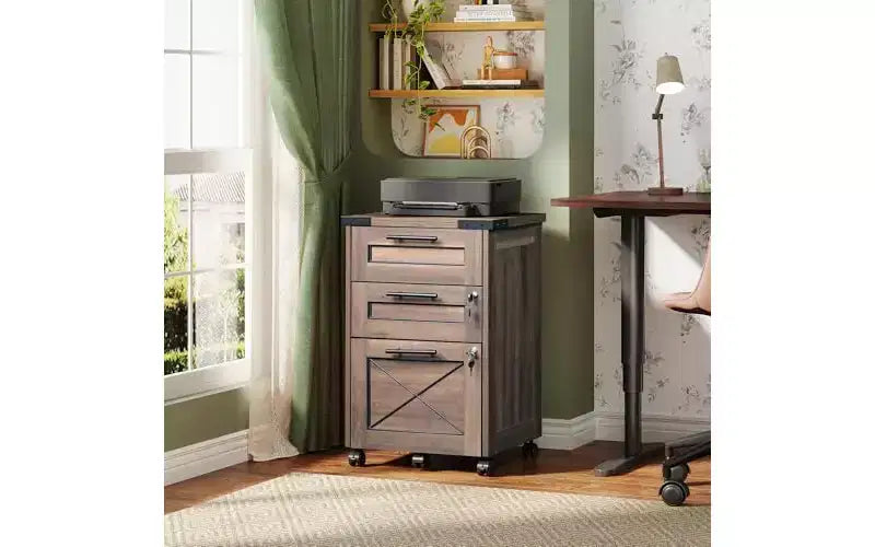 DEXYLLO 3-Drawer File Cabinet with Hanging Files, Mobile Rolling Storage Cabinet for Home Office, Printer Stand, Farmhouse Style