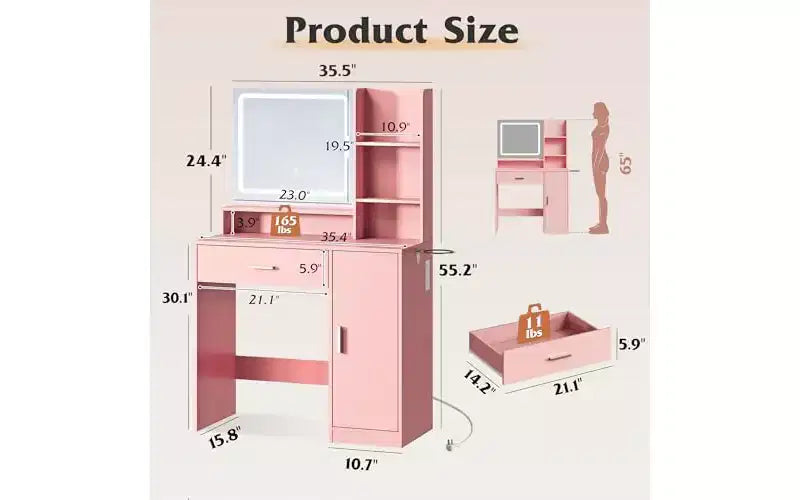 Petite Coiffeuse avec Miroir Éclairé – Tiroir, Armoire & Étagères Ouvertes, Noir
