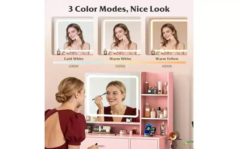 Petite Coiffeuse avec Miroir Éclairé – Tiroir, Armoire & Étagères Ouvertes, Noir