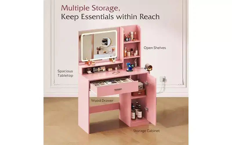 Petite Coiffeuse avec Miroir Éclairé – Tiroir, Armoire & Étagères Ouvertes, Noir